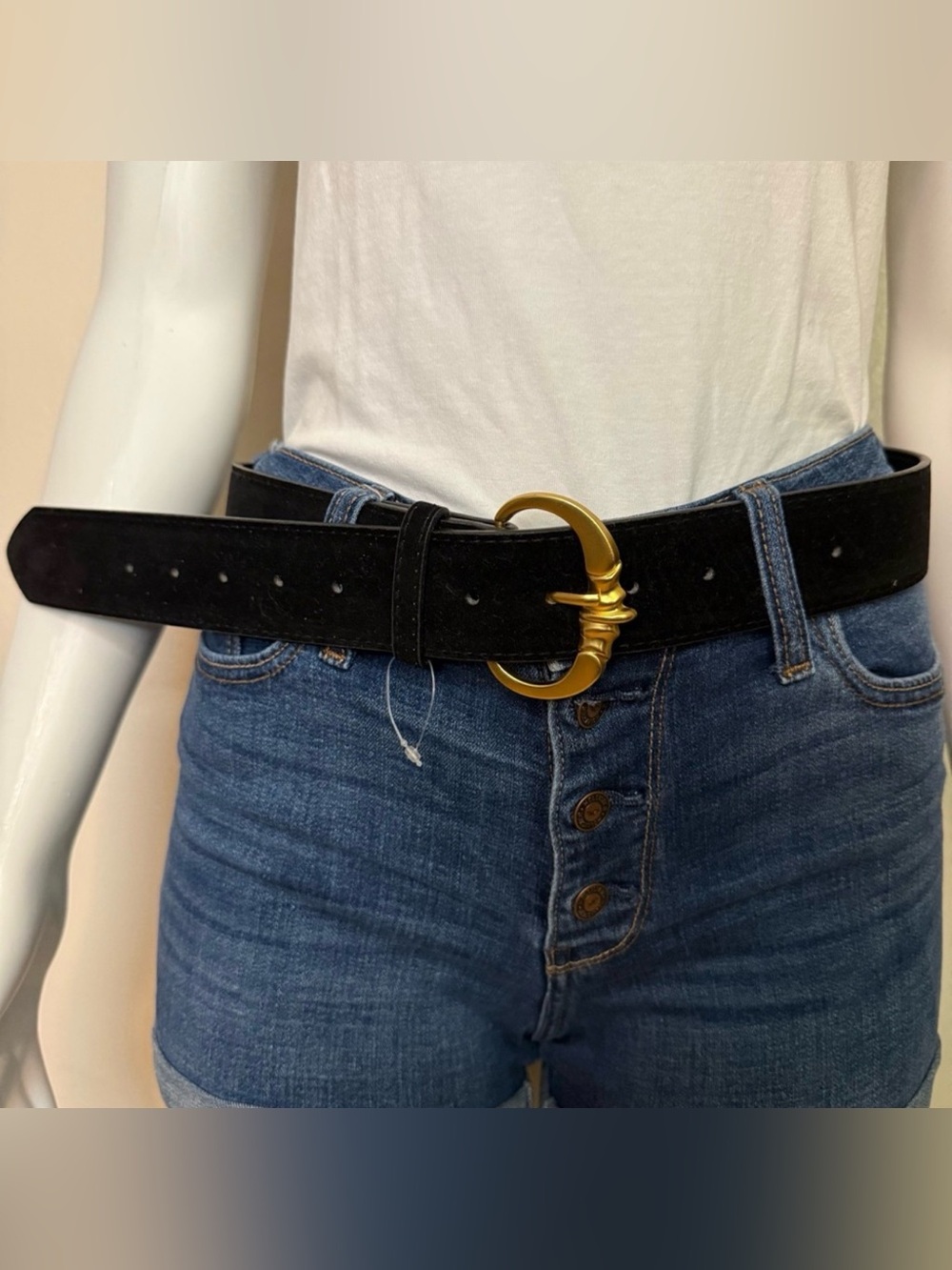 Black PU suede leather belt with gold tone buckle